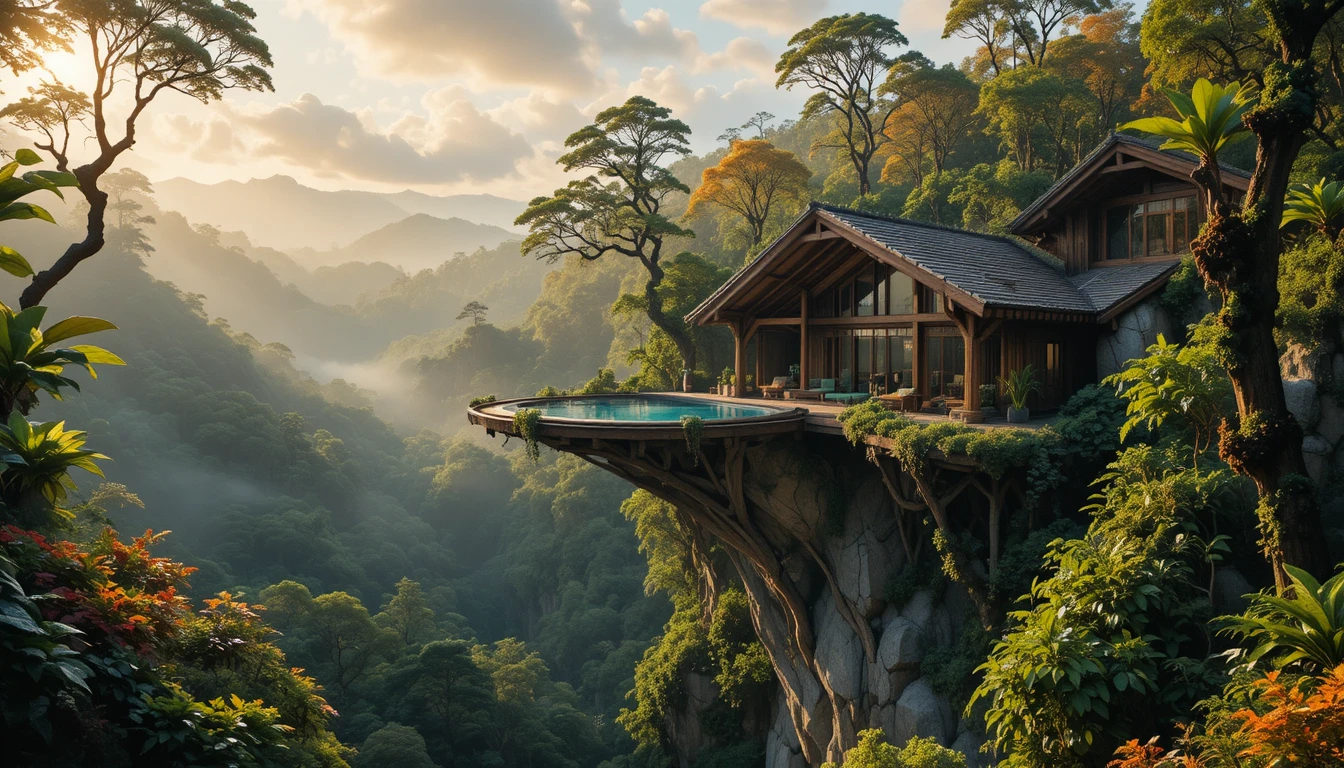 Luxuriöses Baumhaus mit Infinity-Pool im nebligen Regenwald