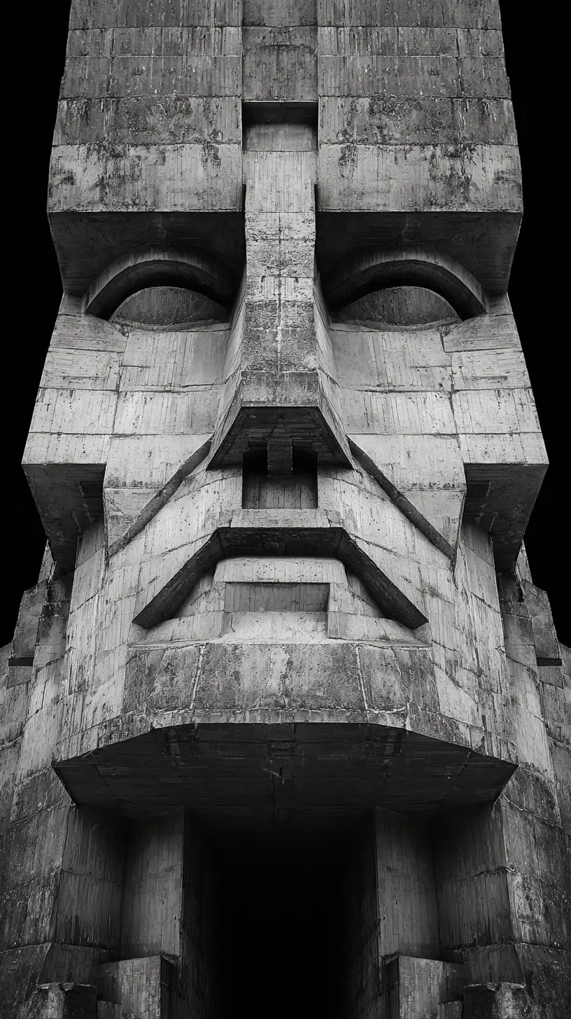 Monumental brutalist concrete facade forming a human face