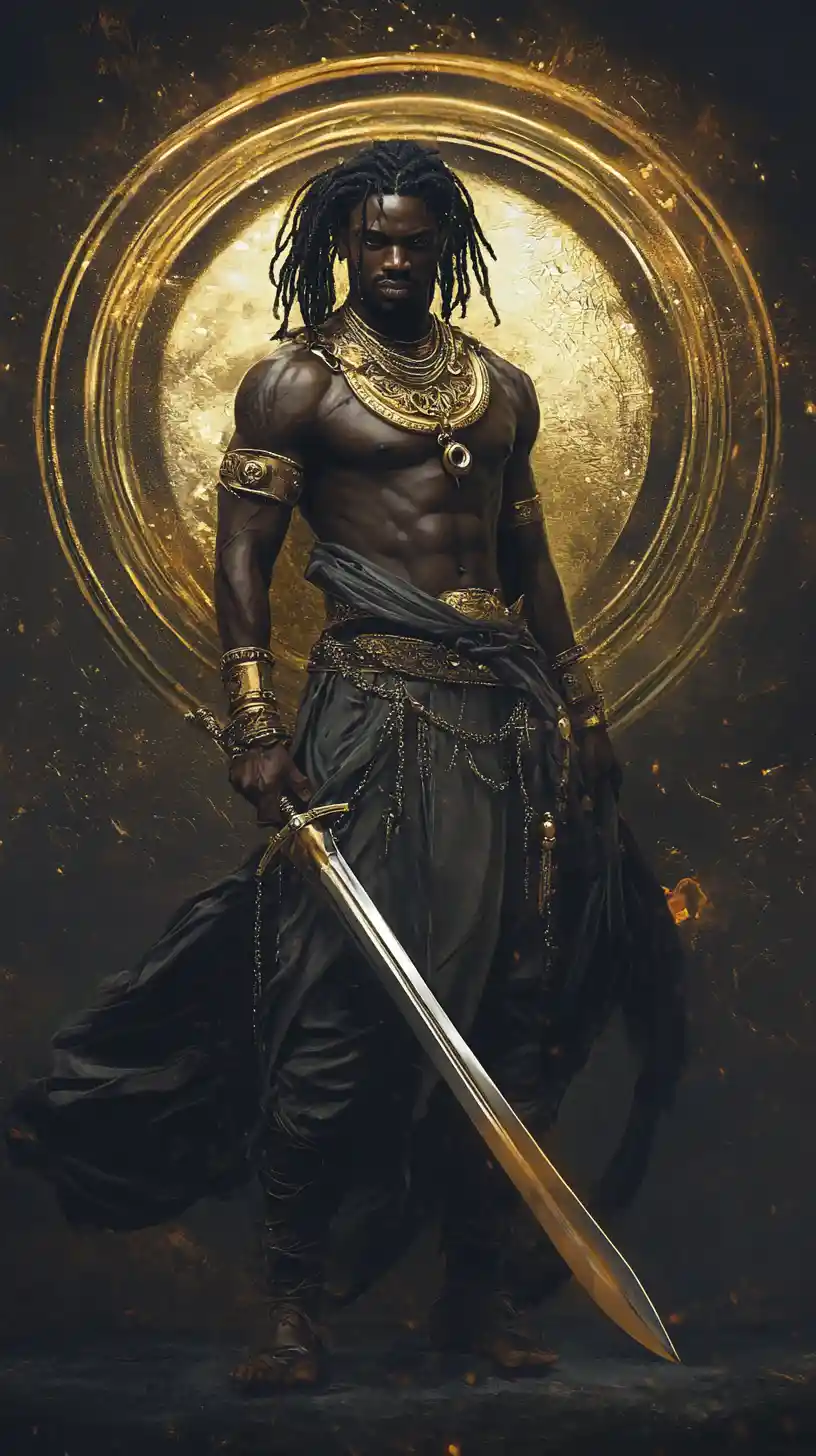 Afrofuturistic divine man laughing at love and death spells