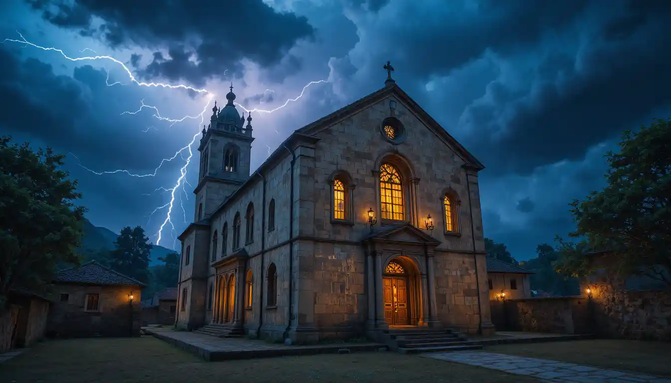 Antica chiesa di pietra che risplende sotto un drammatico cielo tempestoso
