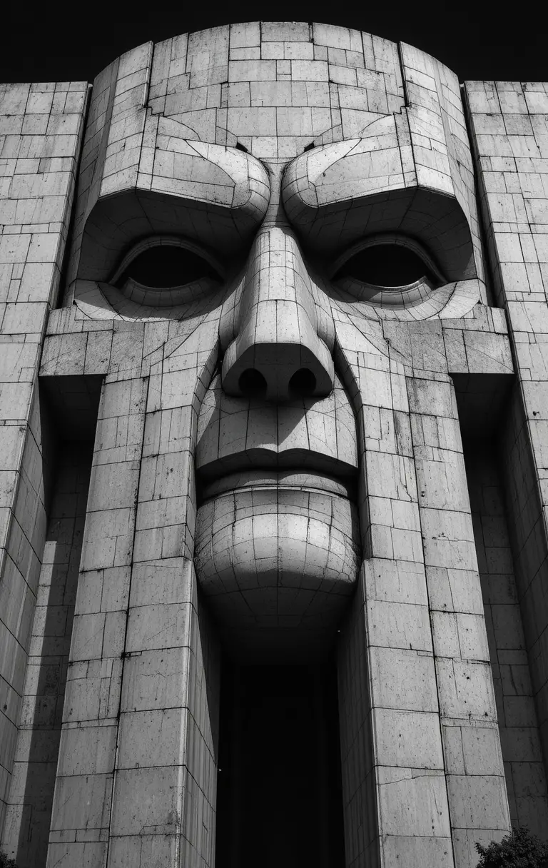 Monumental brutalist concrete facade forming a human face