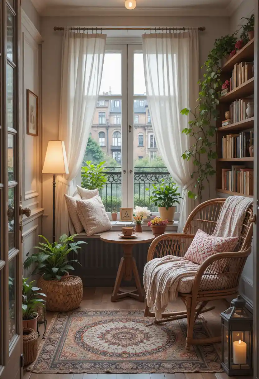 Cozy reading nook with armchair coffee table and warm lamp