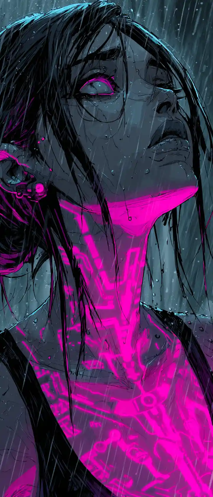 Cyberpunk anime woman in neon drenched rainy profile portrait