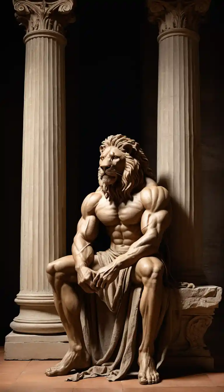 Leone antropomorfo in toga in un drammatico interno classico