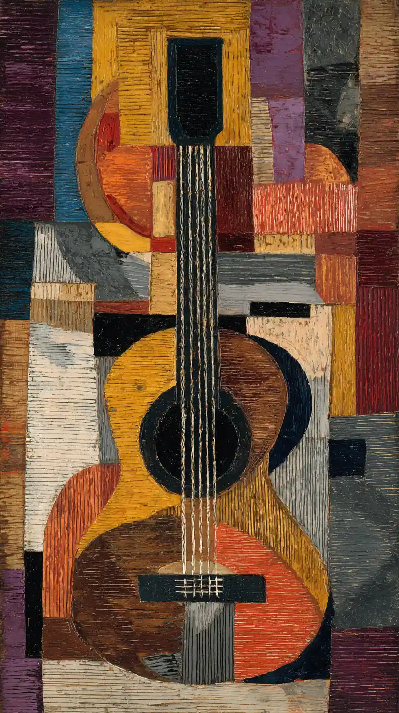 Pintura abstrata cubista de um violão com facetas