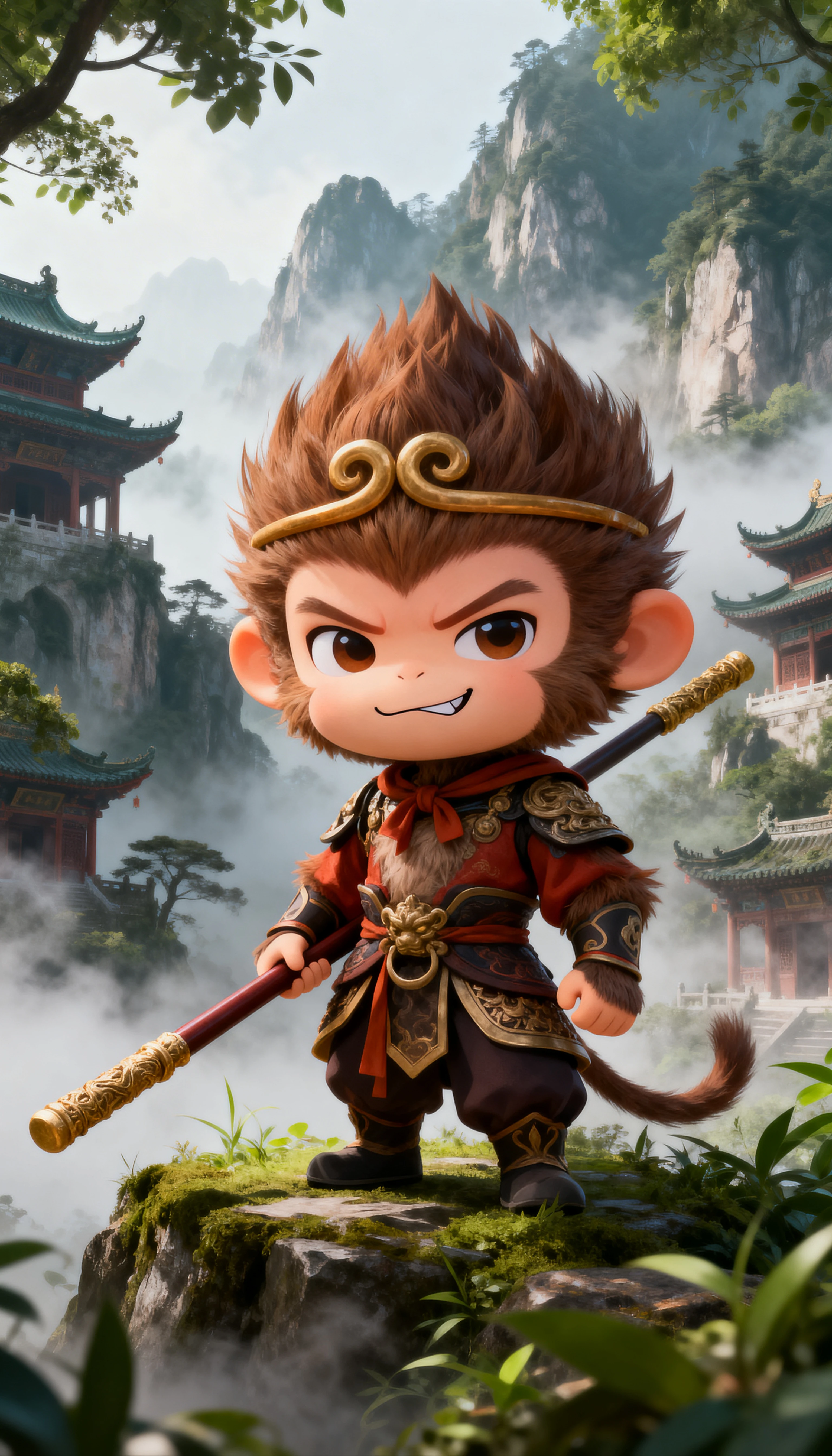 Chibi monkey hero with staff in misty mountain forest