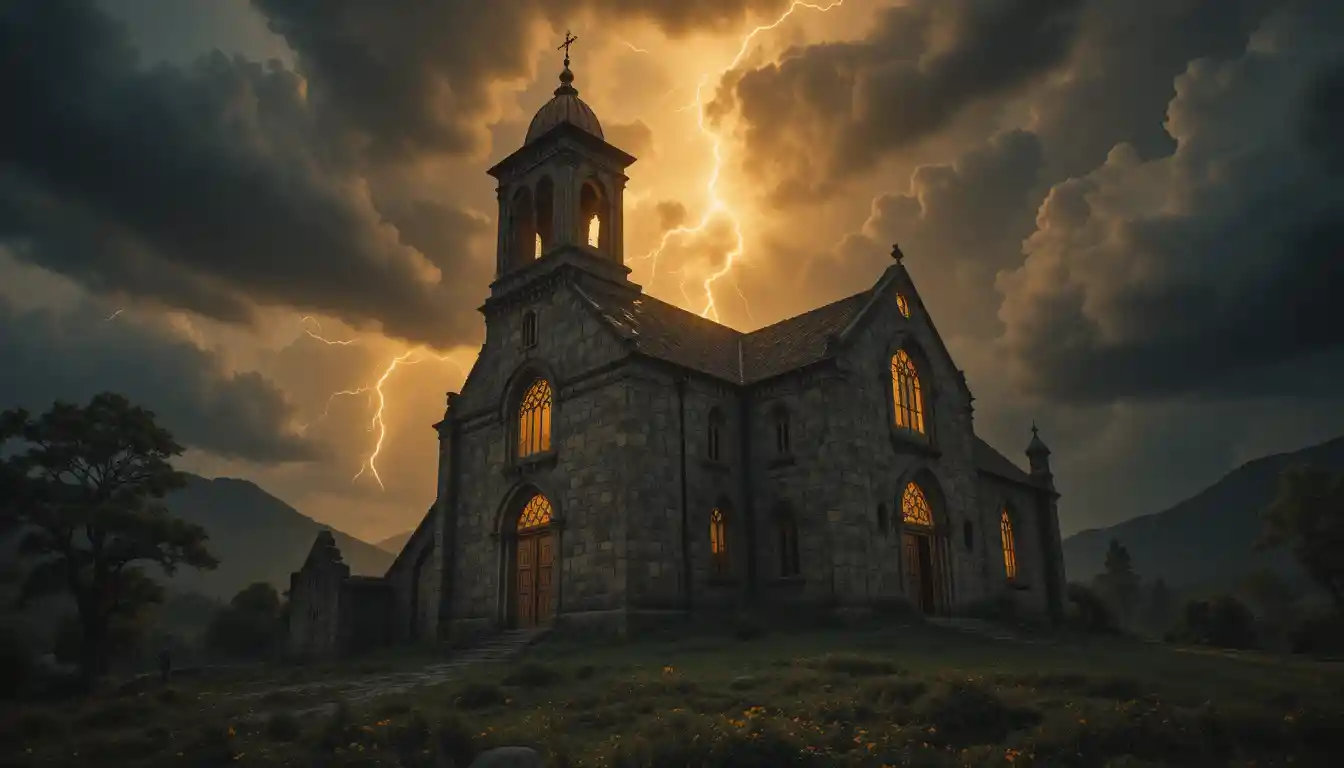Ancient Stone Church Under Lightning And Stormy Skies
