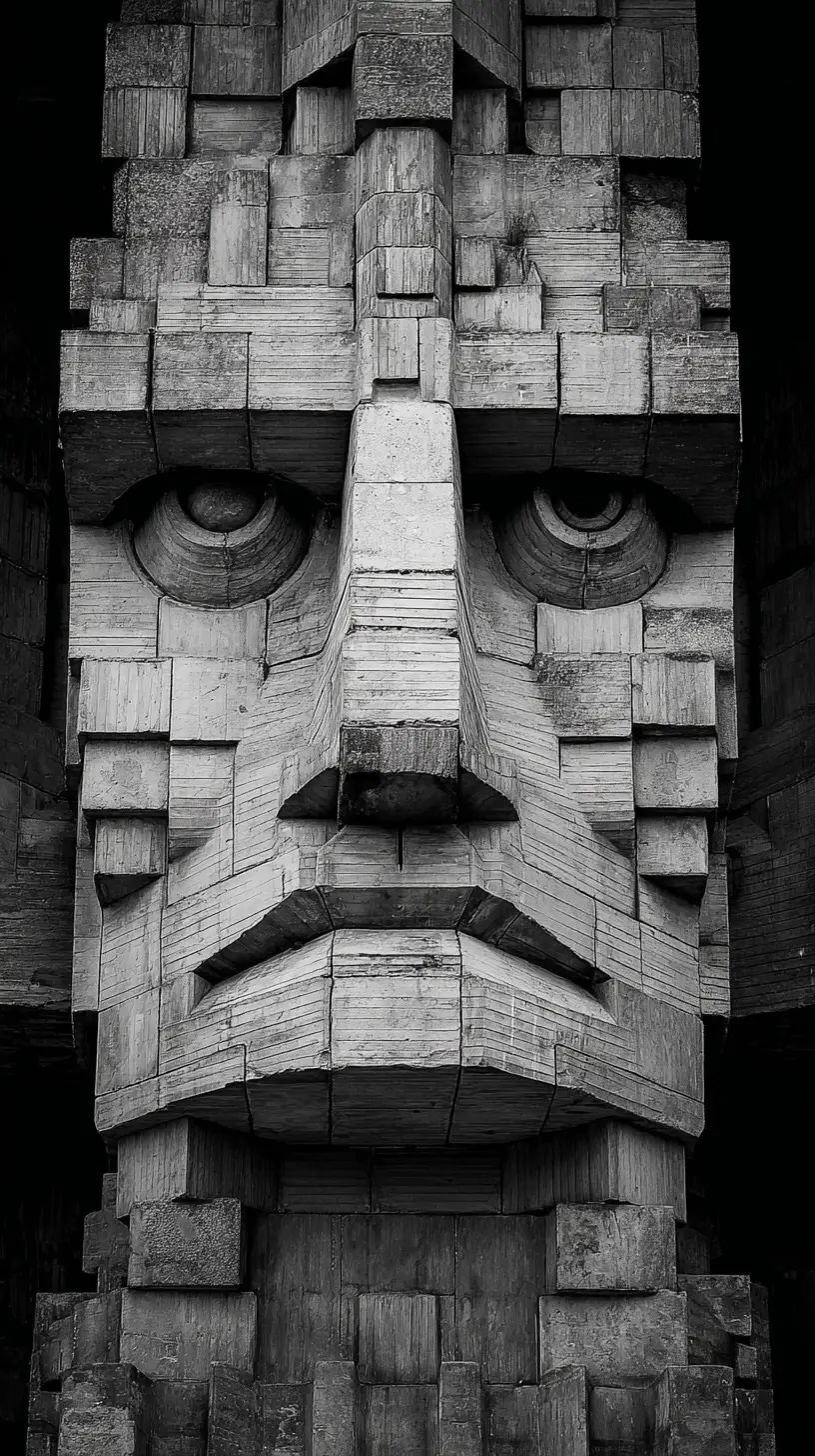 Monumental brutalist concrete facade forming a human face