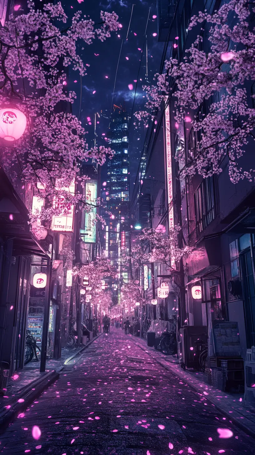 Tokio bei Nacht mit Neonlichtern und Kirschblüten