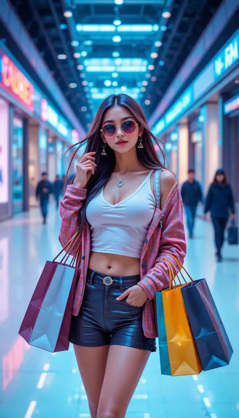 Stylish woman with shopping bags in modern mall
