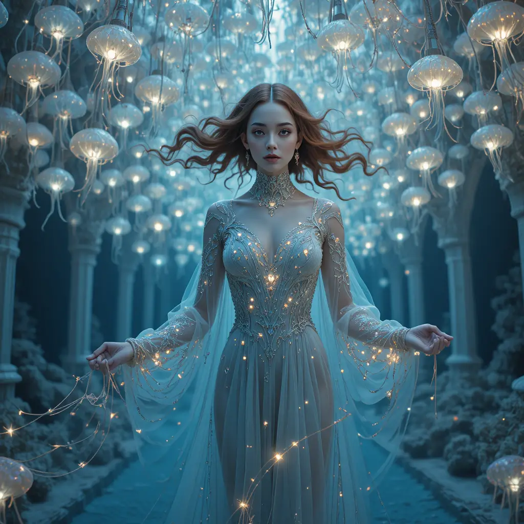 Commanding young woman surrounded by glowing crystal jellyfish