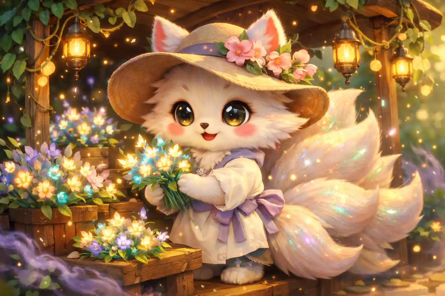 Niedlicher 3D-Fuchs-Florist arrangiert leuchtende magische Blumensträuße