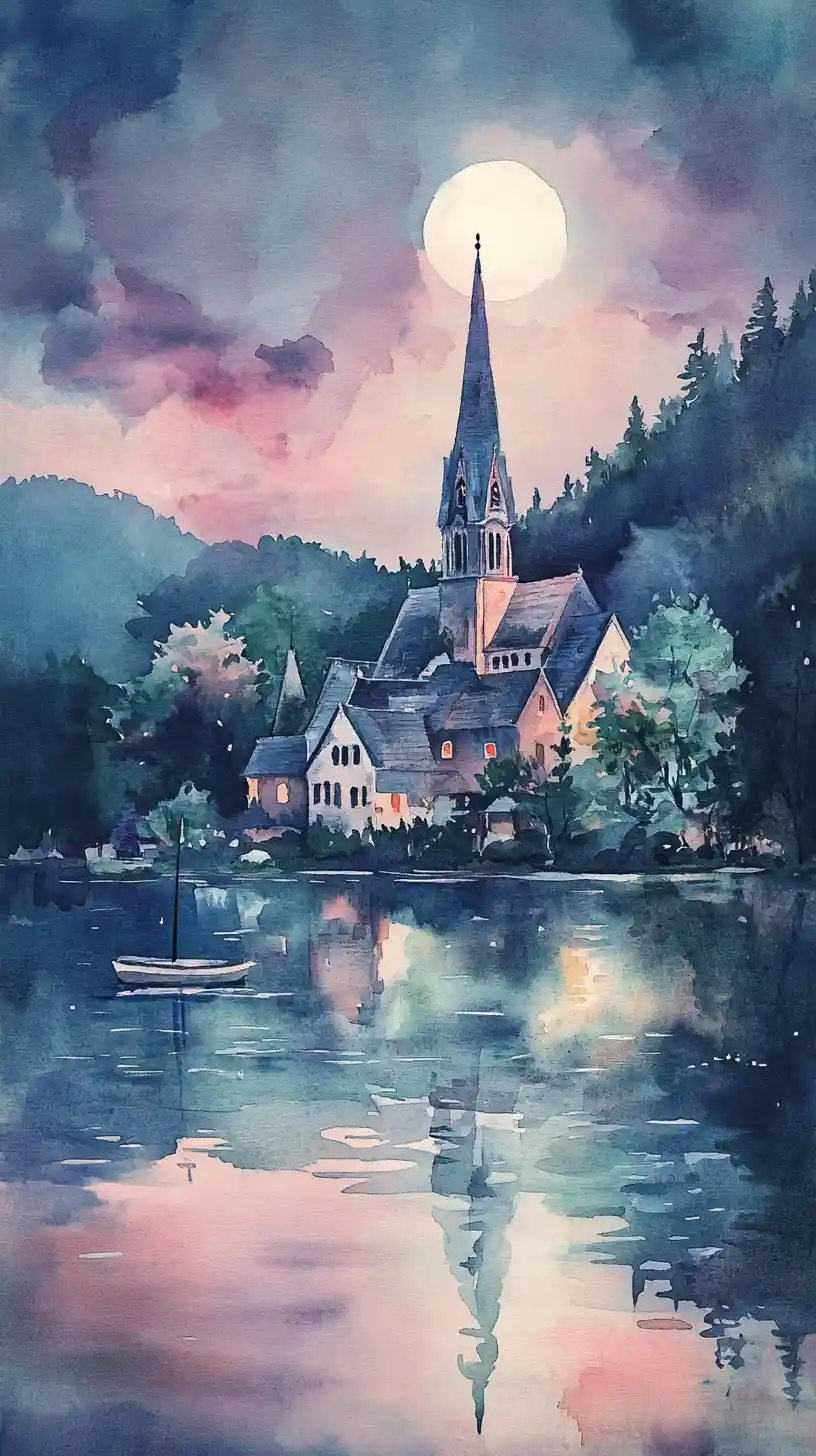 Aquarell-Dorf in der Nacht an einem ruhigen See mit Spiegelungen