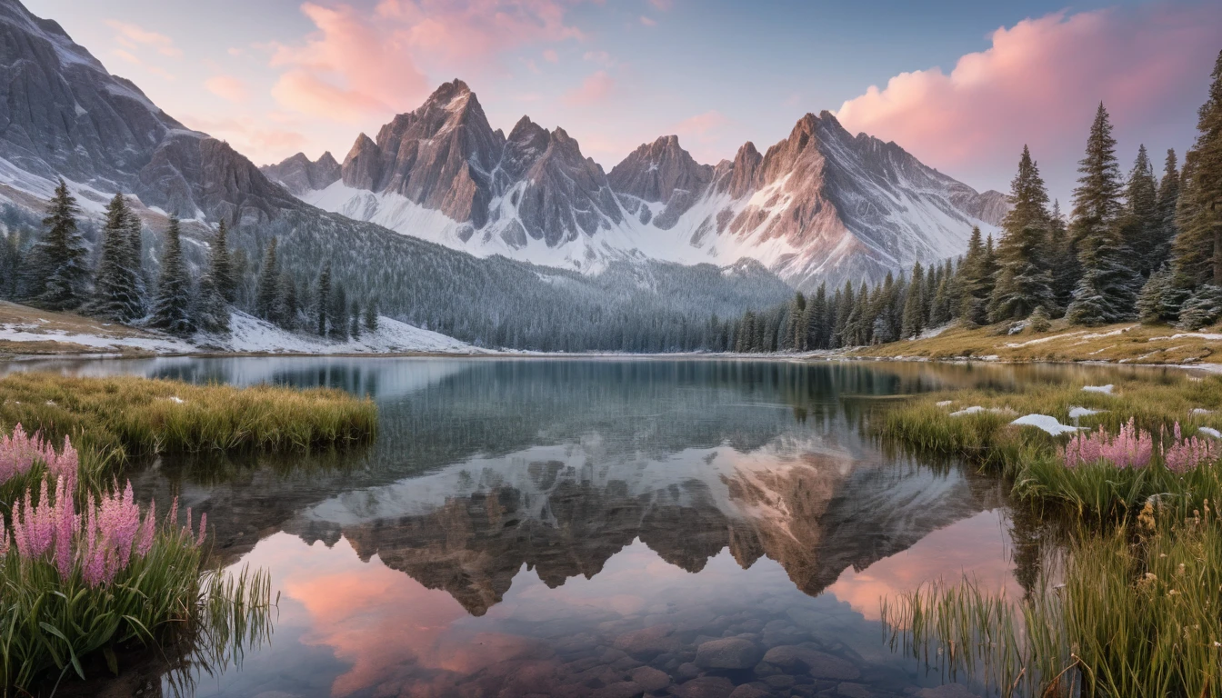 Amanecer en montaña nevada sobre un lago tranquilo y reflejante