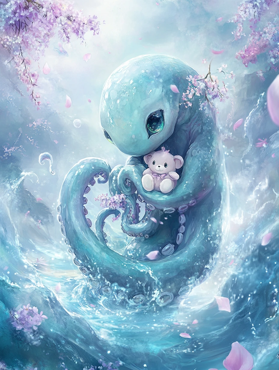 Tiny pastel kraken cuddling a teddy bear underwater