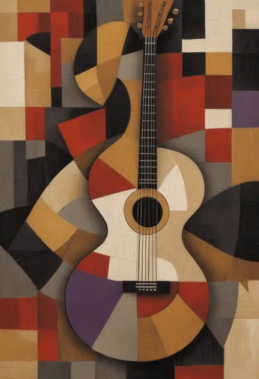 Cubist acoustic guitar fragmented into colorful geometric forms