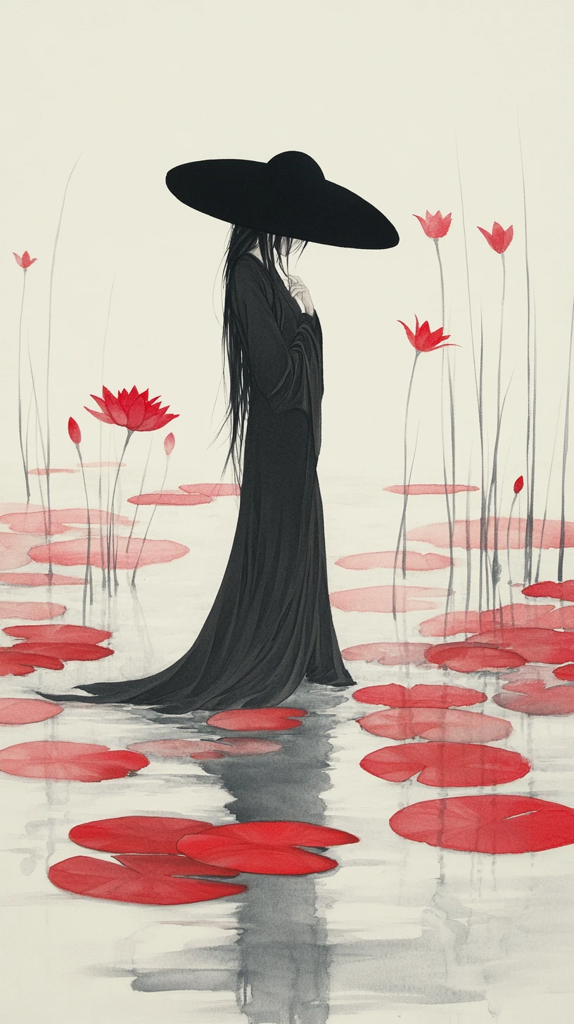 Woman in black dress among red water lilies