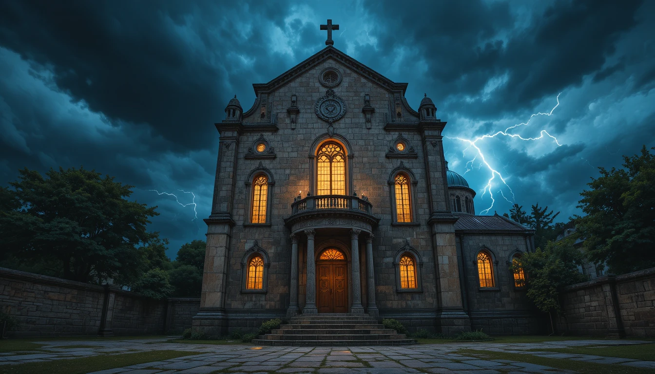 Ancient Stone Church Lit By Lightning And Golden Windows