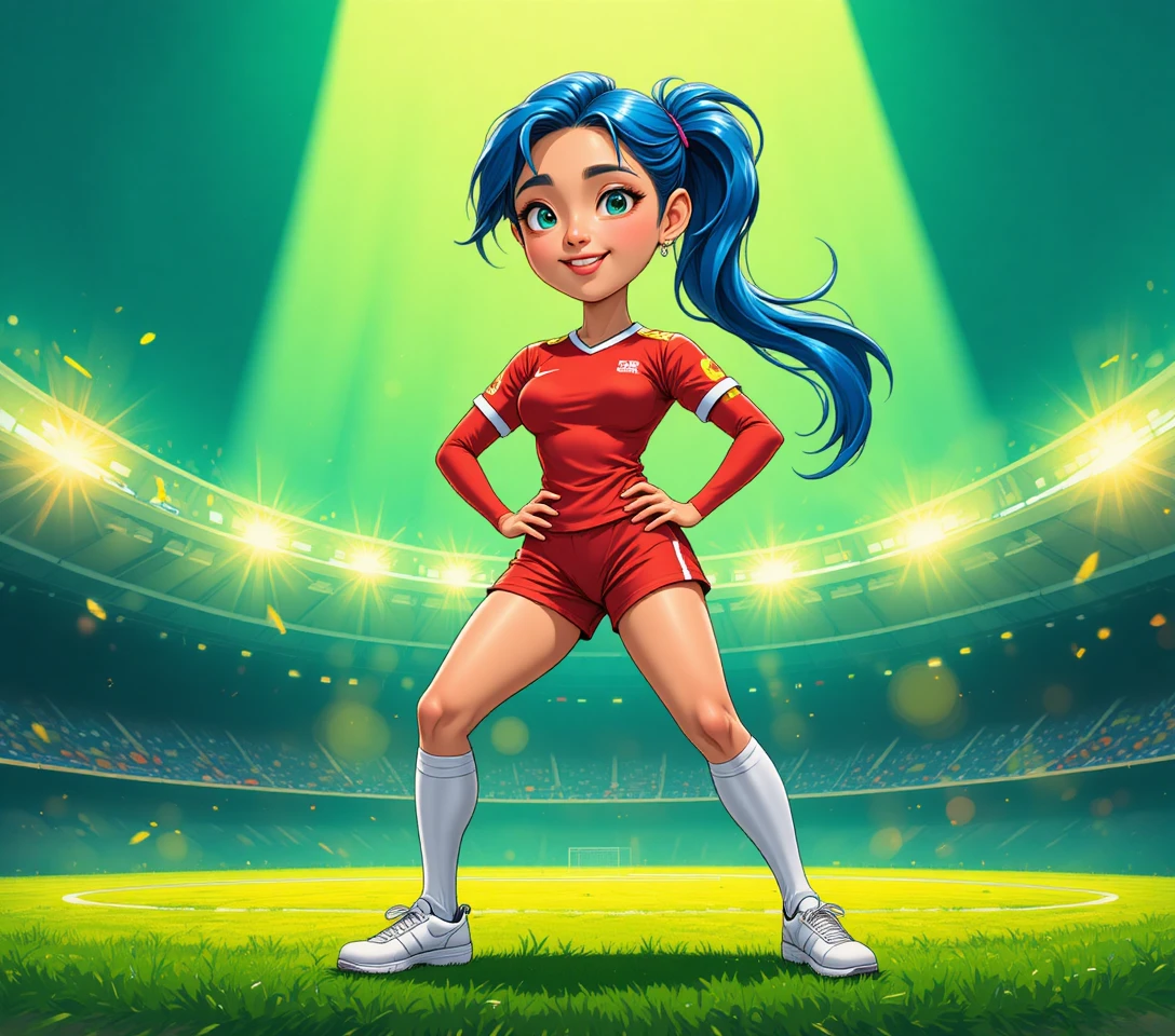 Confident anime soccer girl on a bright green field