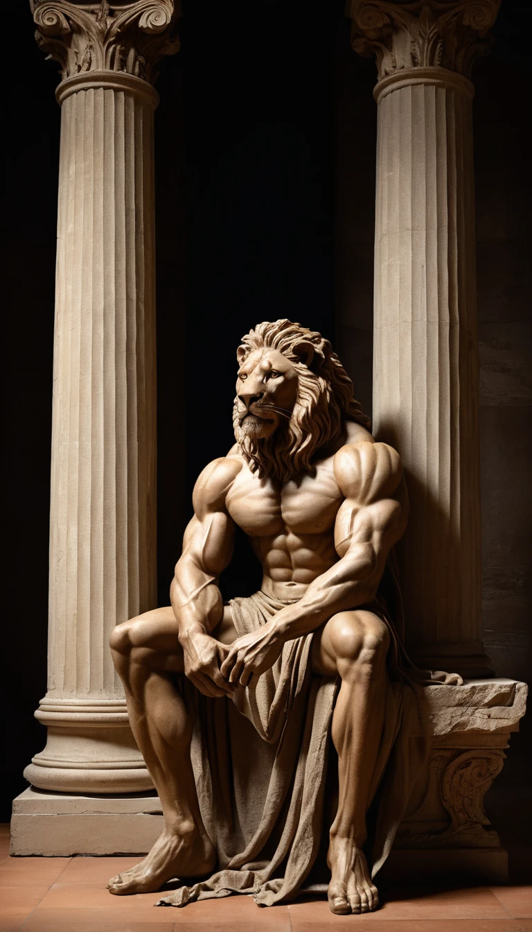 Anthropomorphic lion in toga in dramatic classical interior