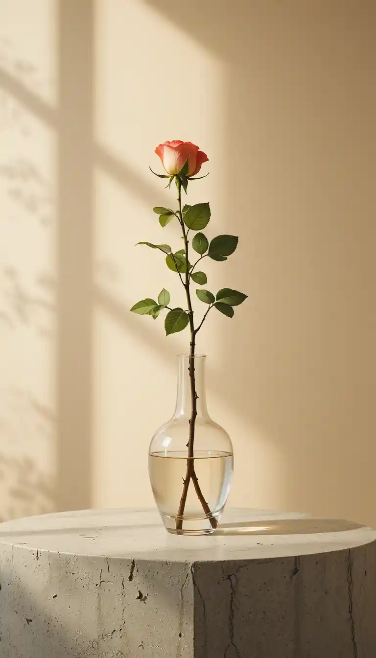 Minimalistische Rose in Glasvase auf Betonoberfläche