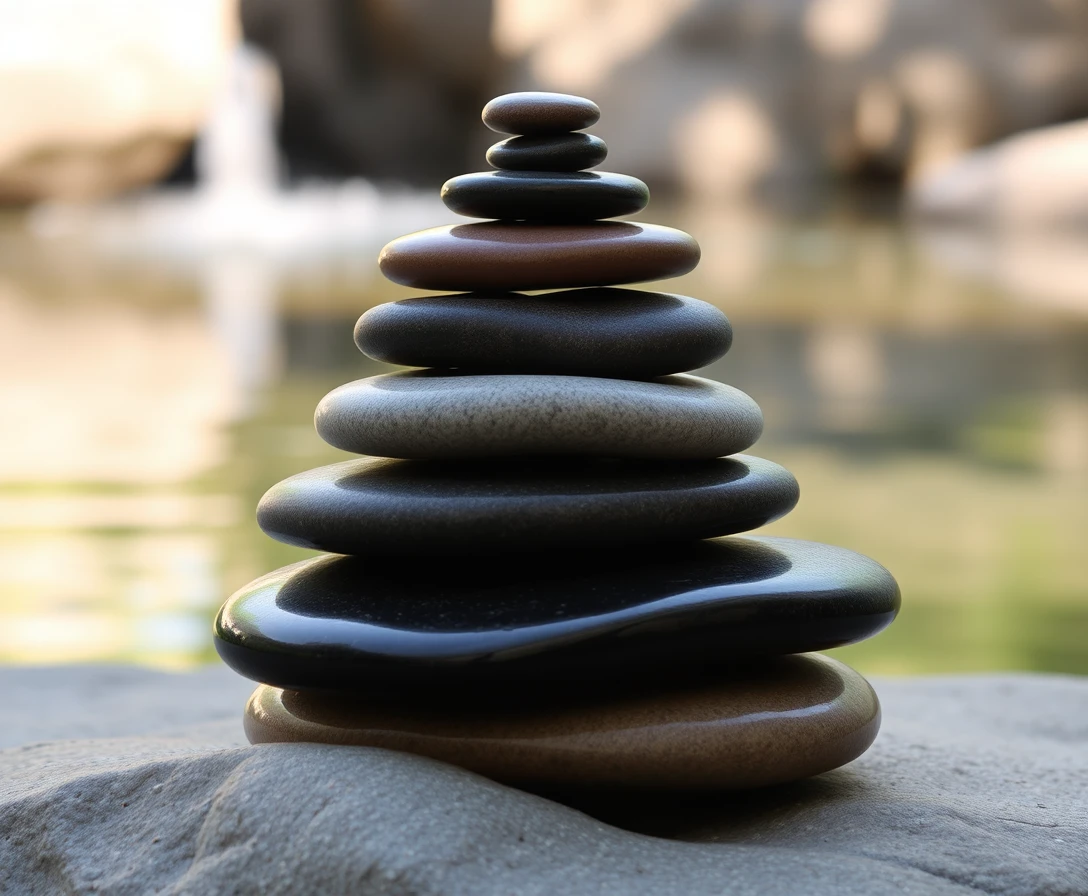 Smooth river stones stacked in a calm zen pyramid