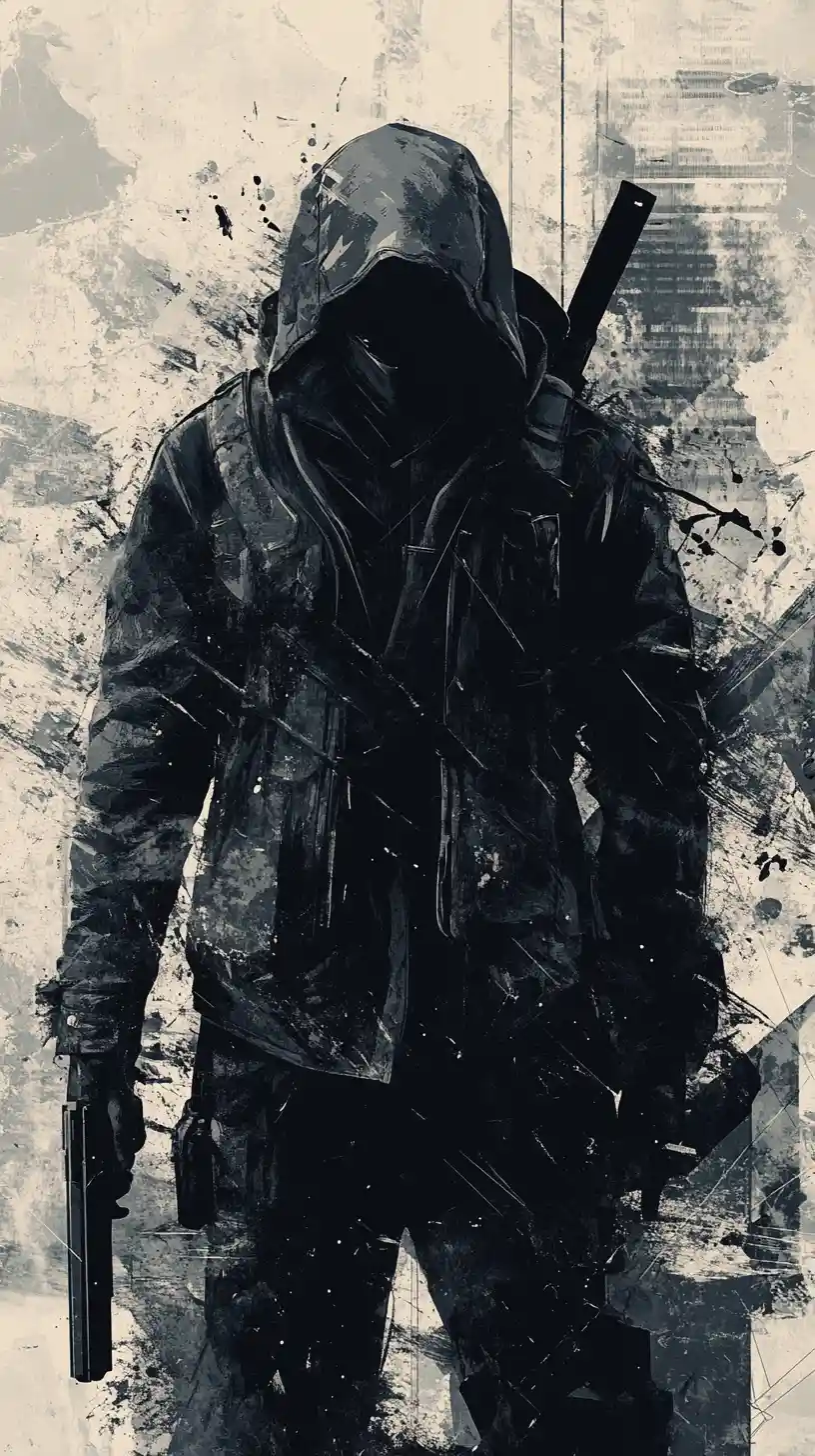 Stealthy assassin in dark gritty geometric vector style