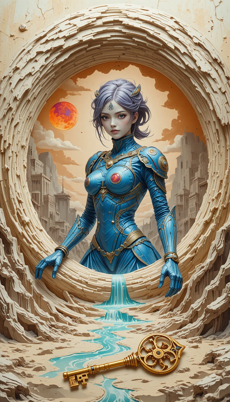 Close up of tattooed anime warrior woman in blue armor