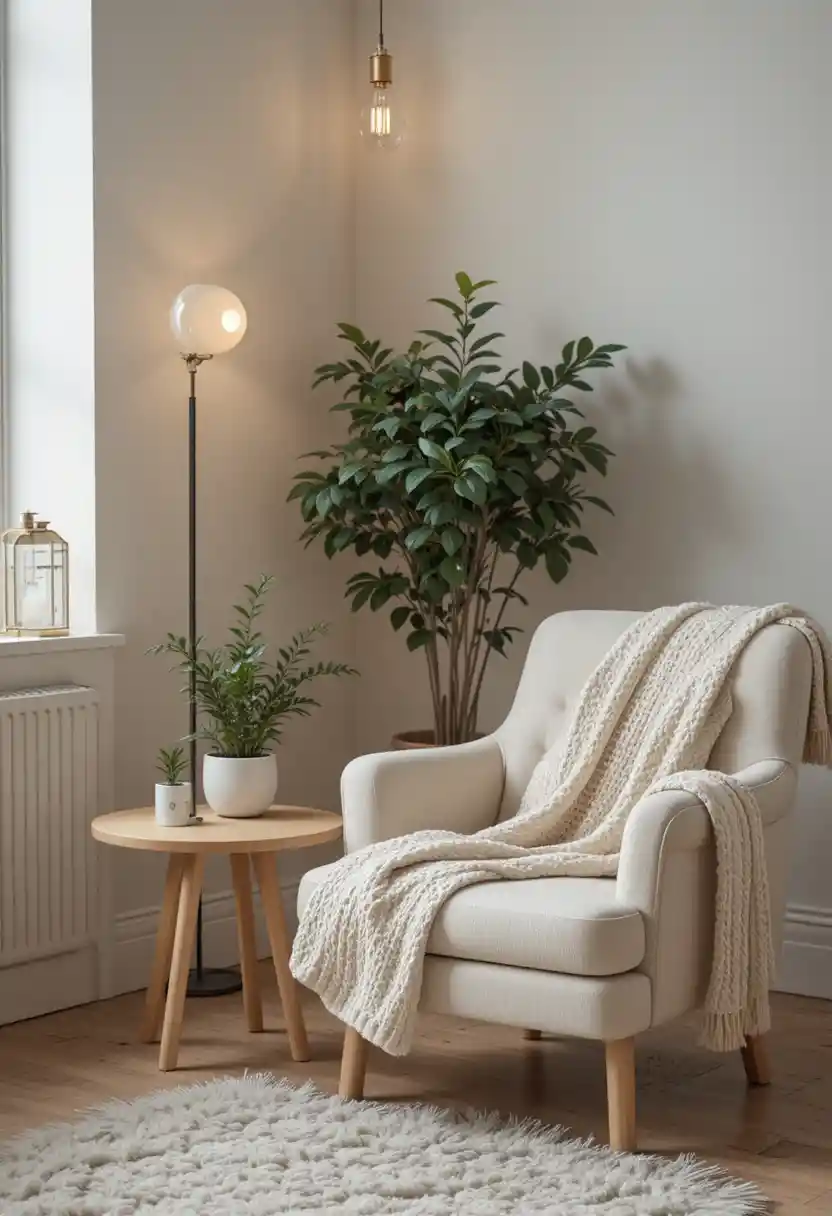 Soggiorno scandinavo con poltrona accogliente e piante