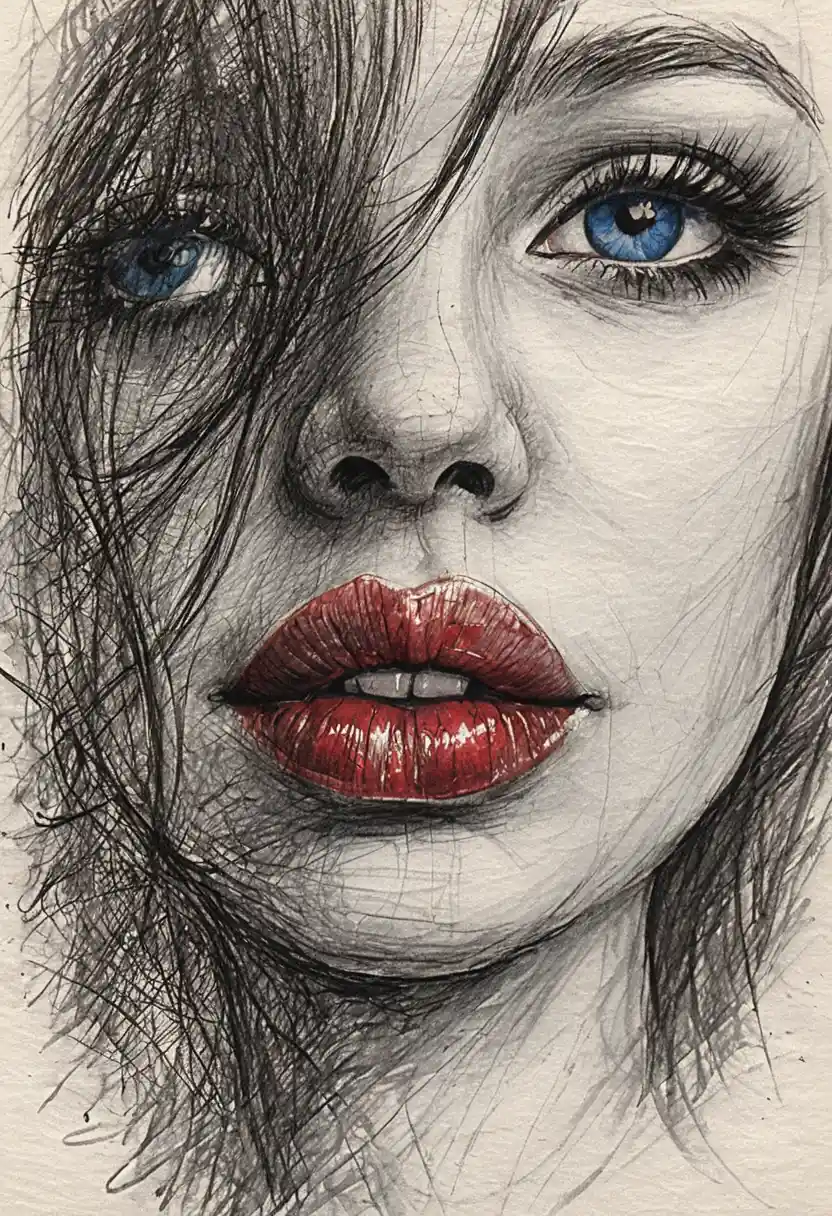 Close up drawing of a woman with piercing blue eye