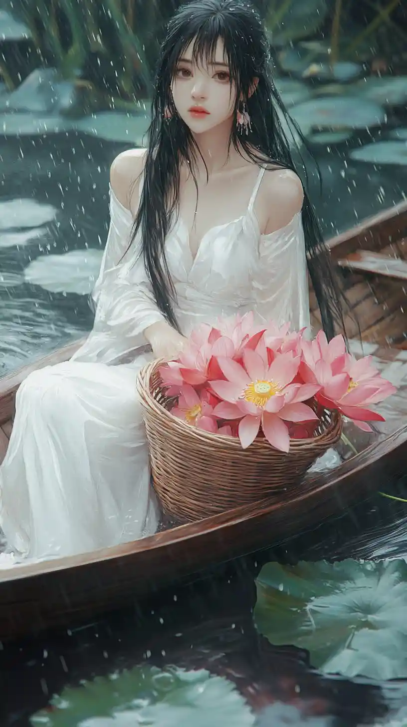 Girl in white dress on lotus boat in gentle rain