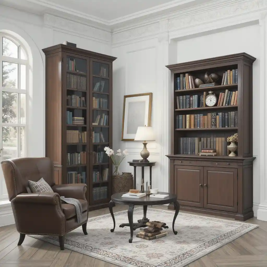 Cozy library corner with leather armchair and warm candlelight
