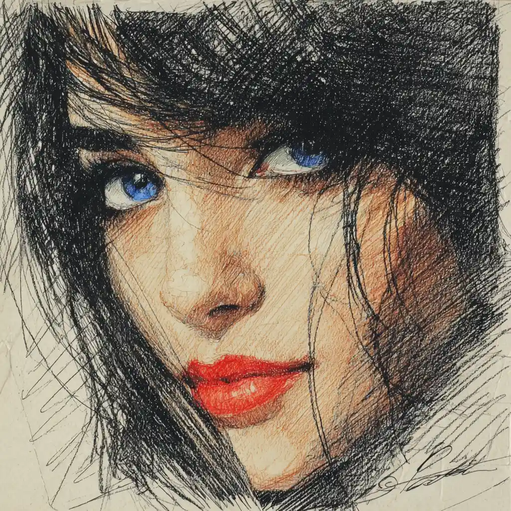 Close up drawing of a woman with vivid blue eye and red lips
