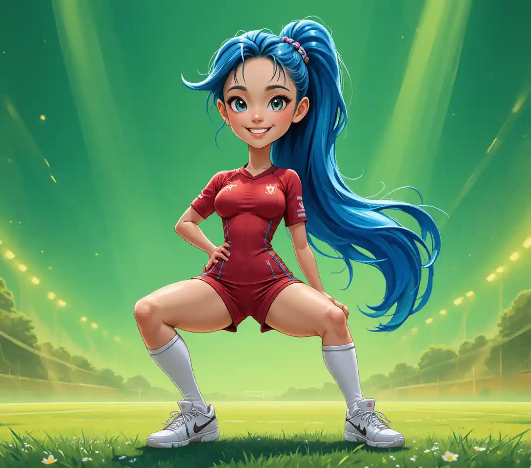 Confident anime soccer girl on sunny football field