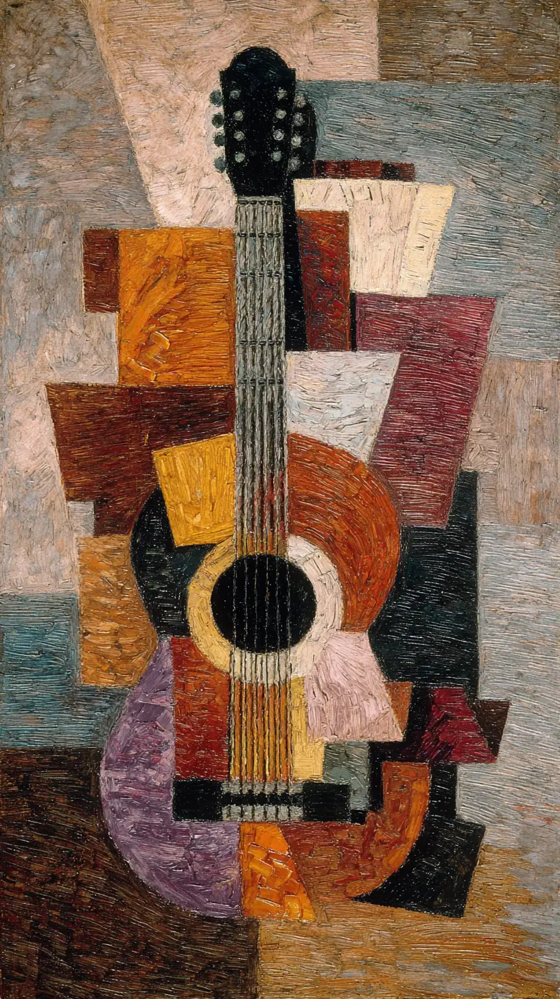 Cubist acoustic guitar fragmented into colorful geometric planes