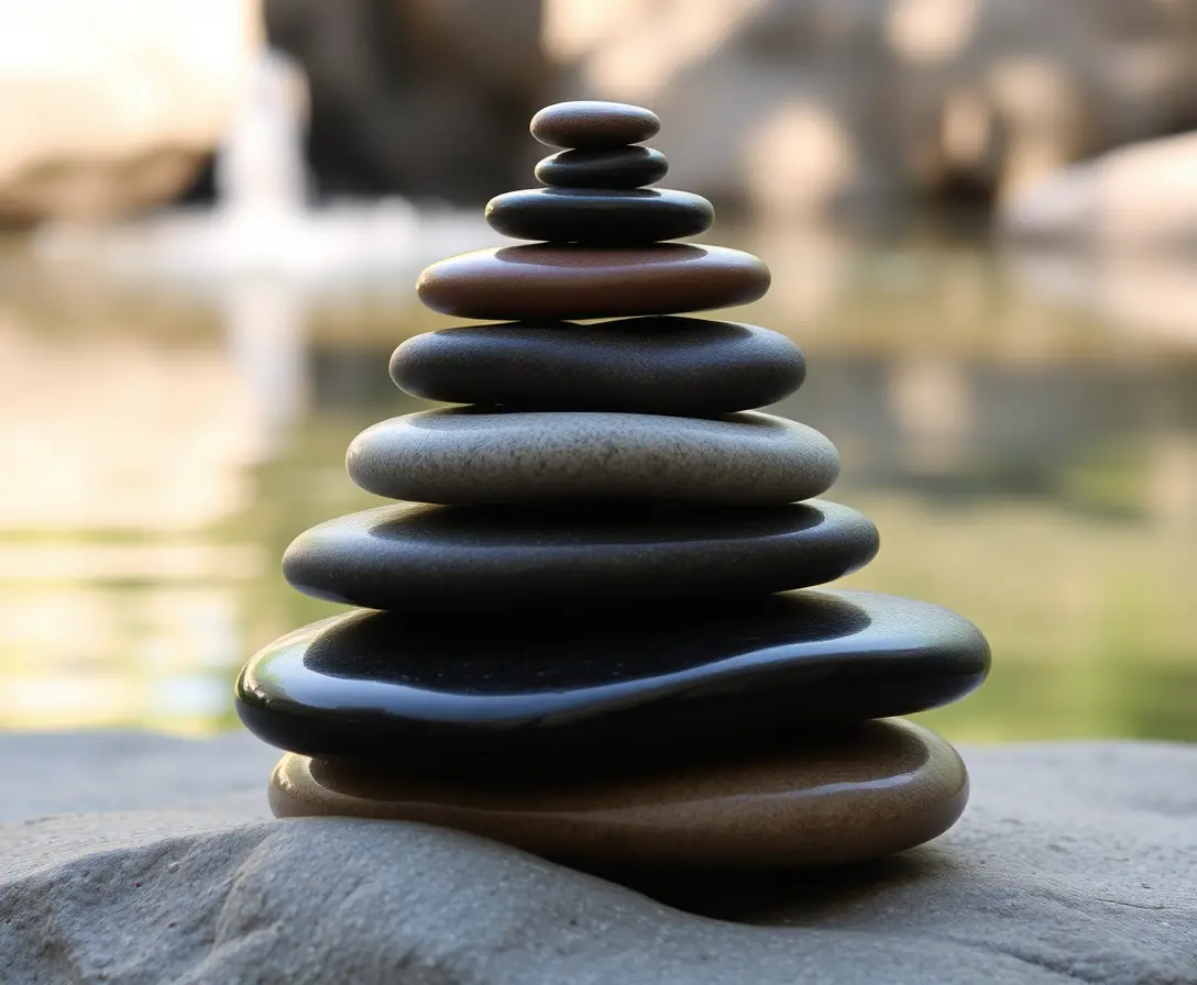 Smooth river stones stacked in a calm zen pyramid
