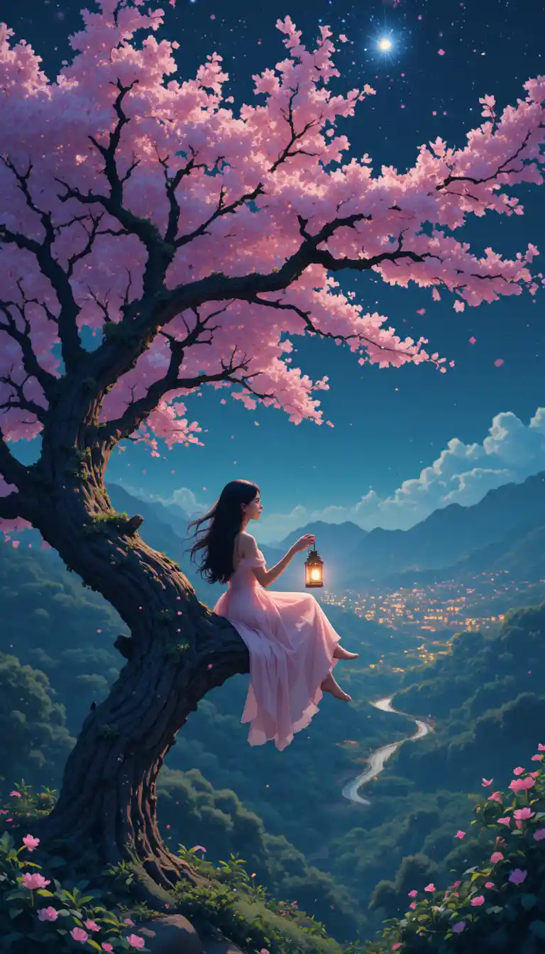 Girl with lantern under pixelated starry night sky