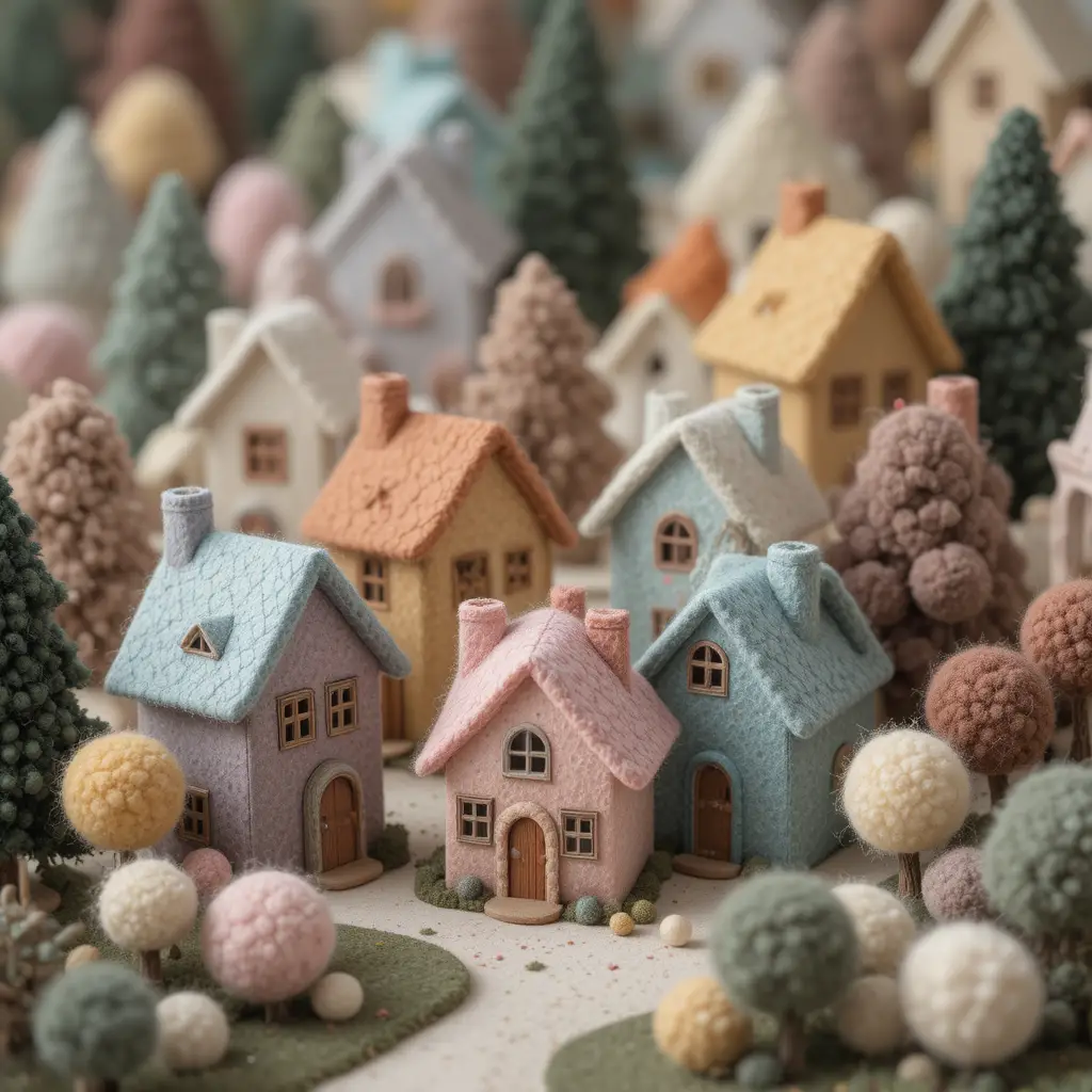 Cozy Felt Miniature Village With Pastel Houses And Trees