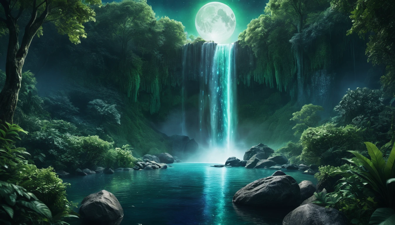 Cascade Éthérée de Cristal dans une Forêt Luxuriante au Clair de Lune