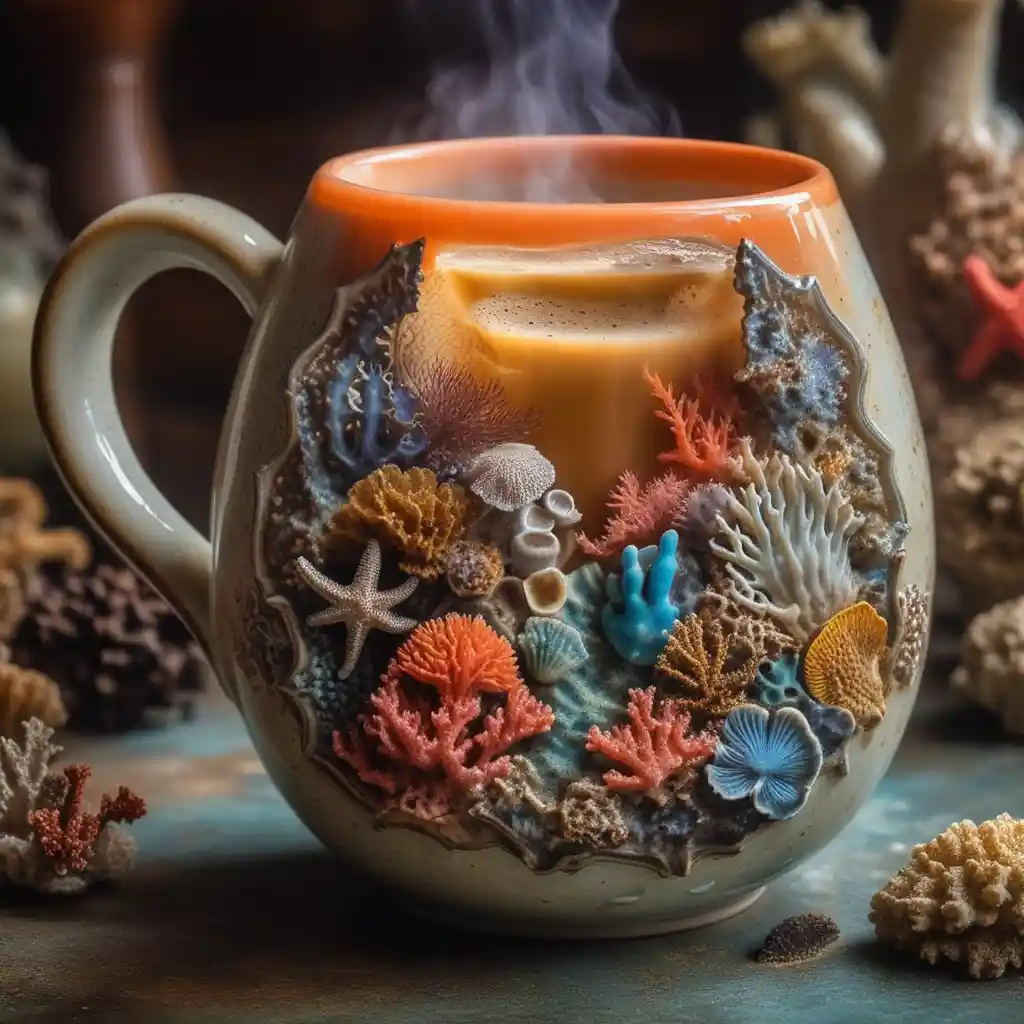 Café humeante en taza de cerámica antigua con vida marina