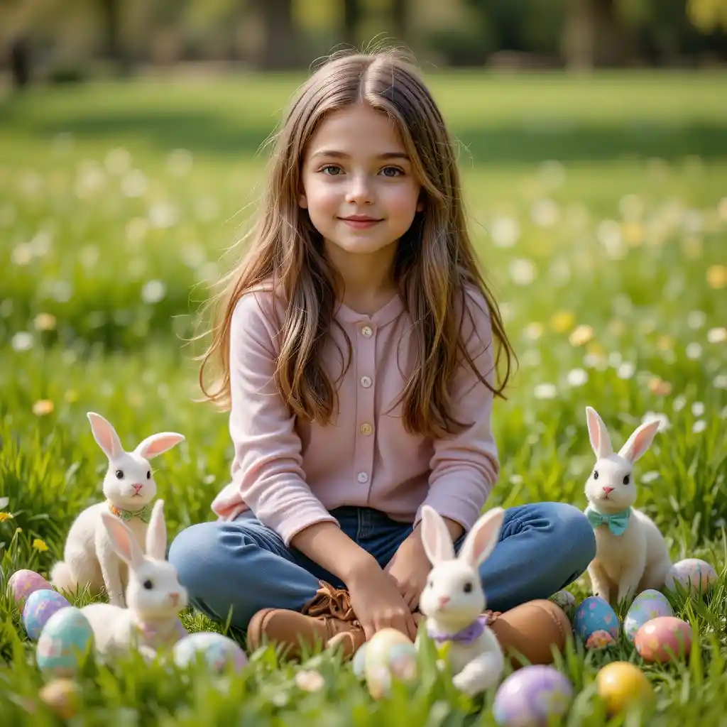 Girl sitting in spring field with rabbits and easter eggs
