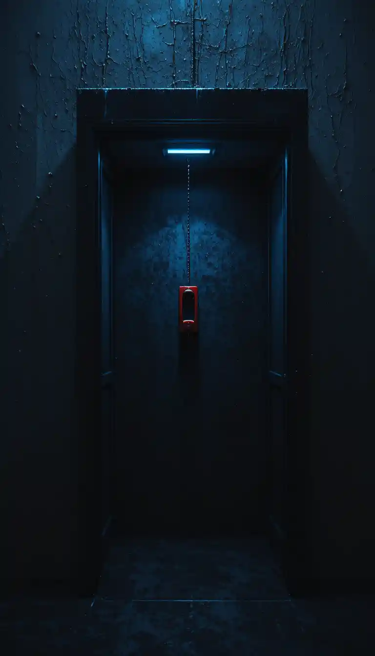 Minimalist phone booth under blue glow on black background