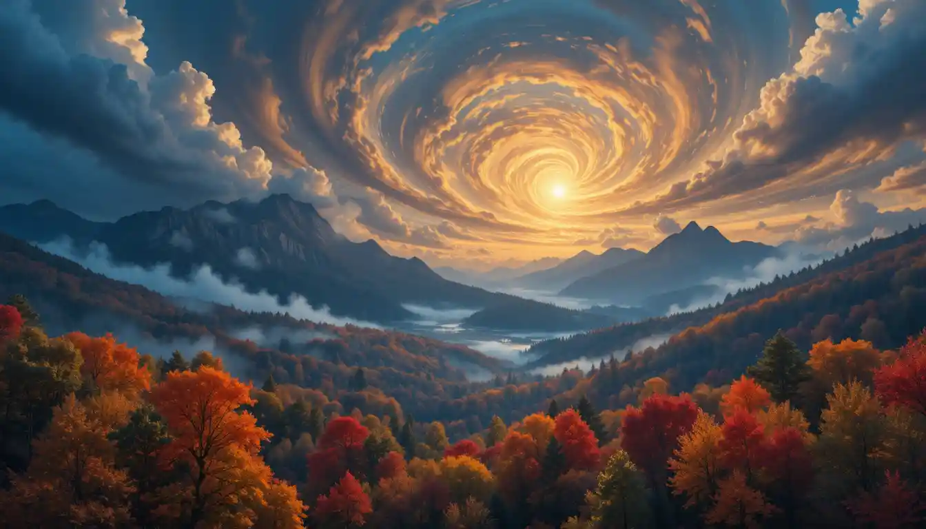 Paesaggio boschivo all’ora d’oro sotto un drammatico cielo autunnale