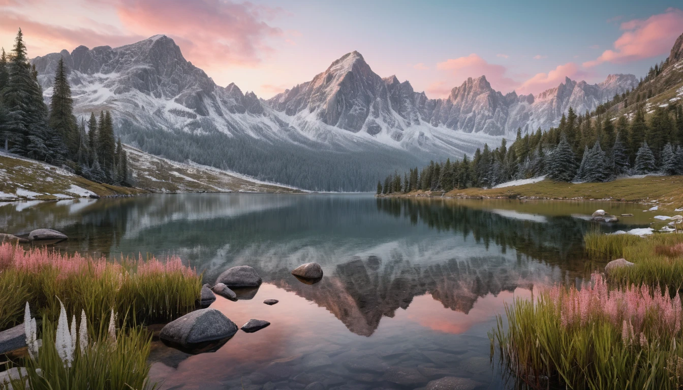 Verschneite Berge im Morgengrauen, gespiegelt in einem ruhigen See