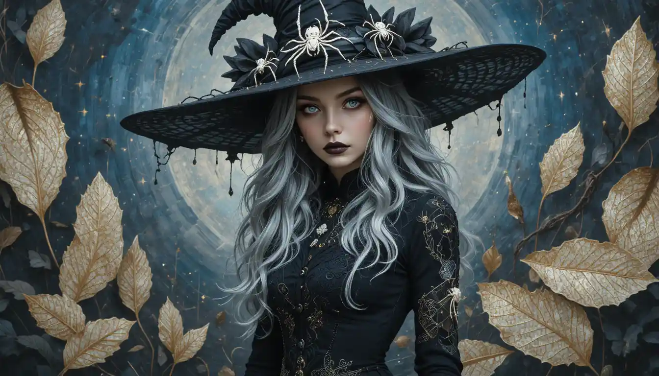 Vampira gotica con fluenti capelli grigi in abito vittoriano