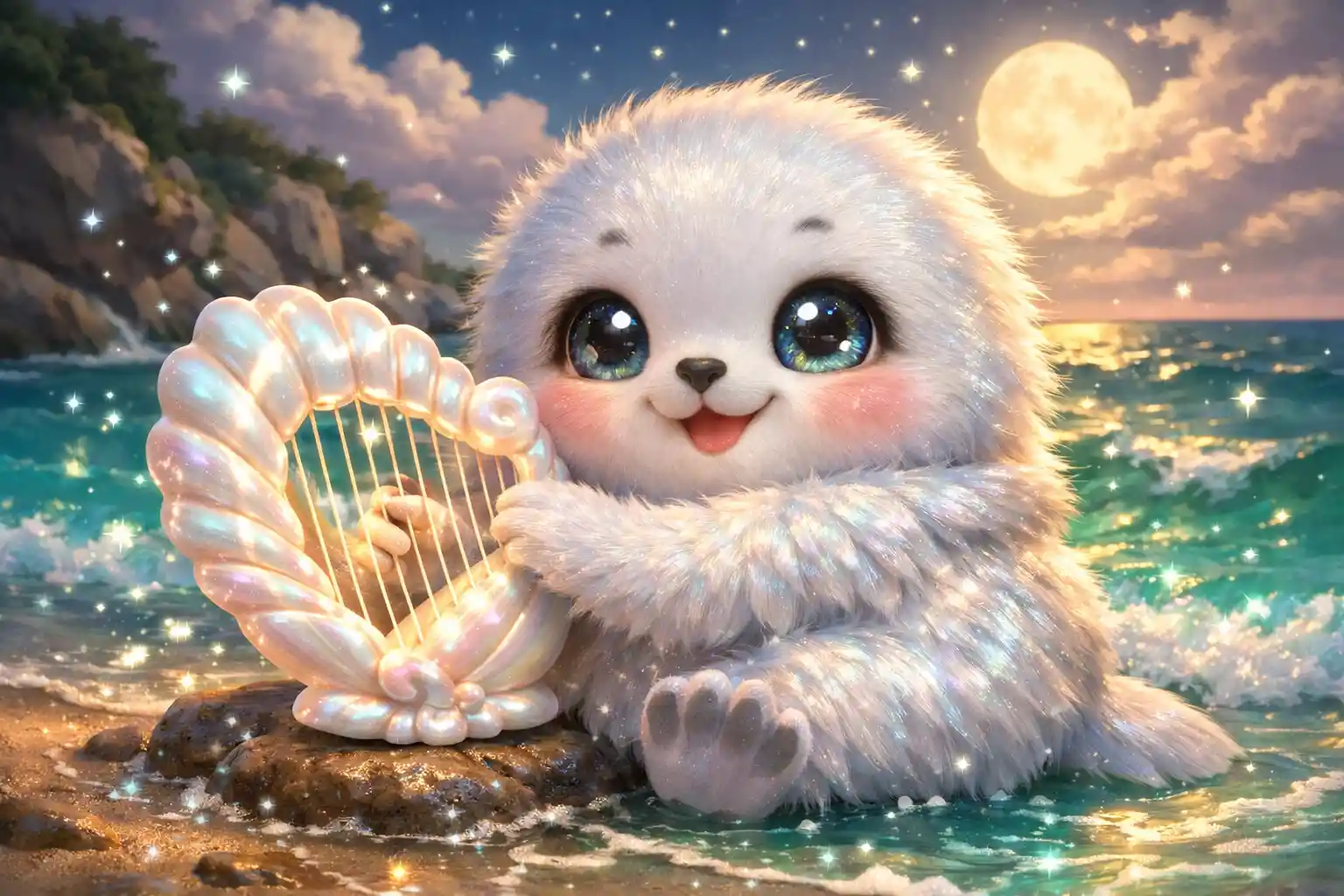 Dolce cucciolo di foca che suona l’arpa su una spiaggia al chiaro di luna