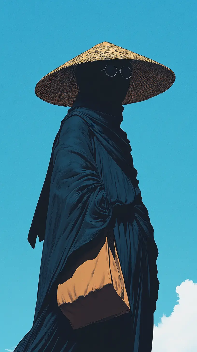 Figura misteriosa de vestido azul sob um céu limpo