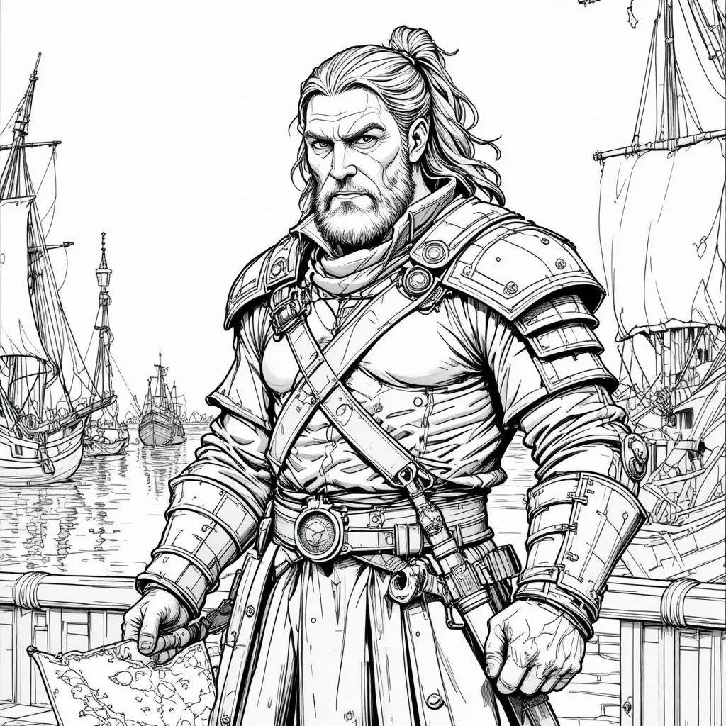 Grizzled Sea Captain Fighter Standing In A Busy Harbor