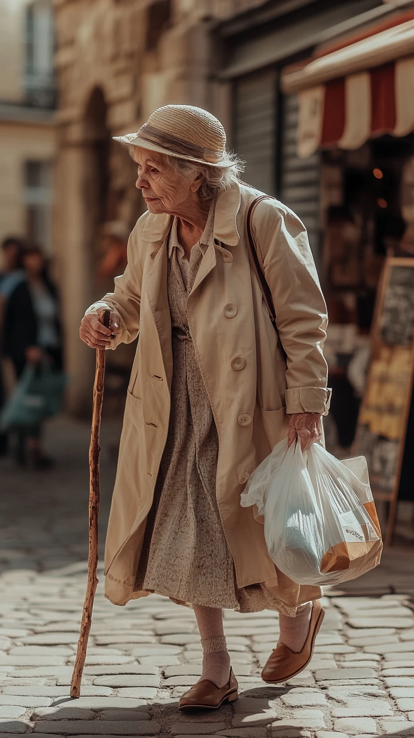 Elderly Woman Walking Alone On Sunlit French Village Street