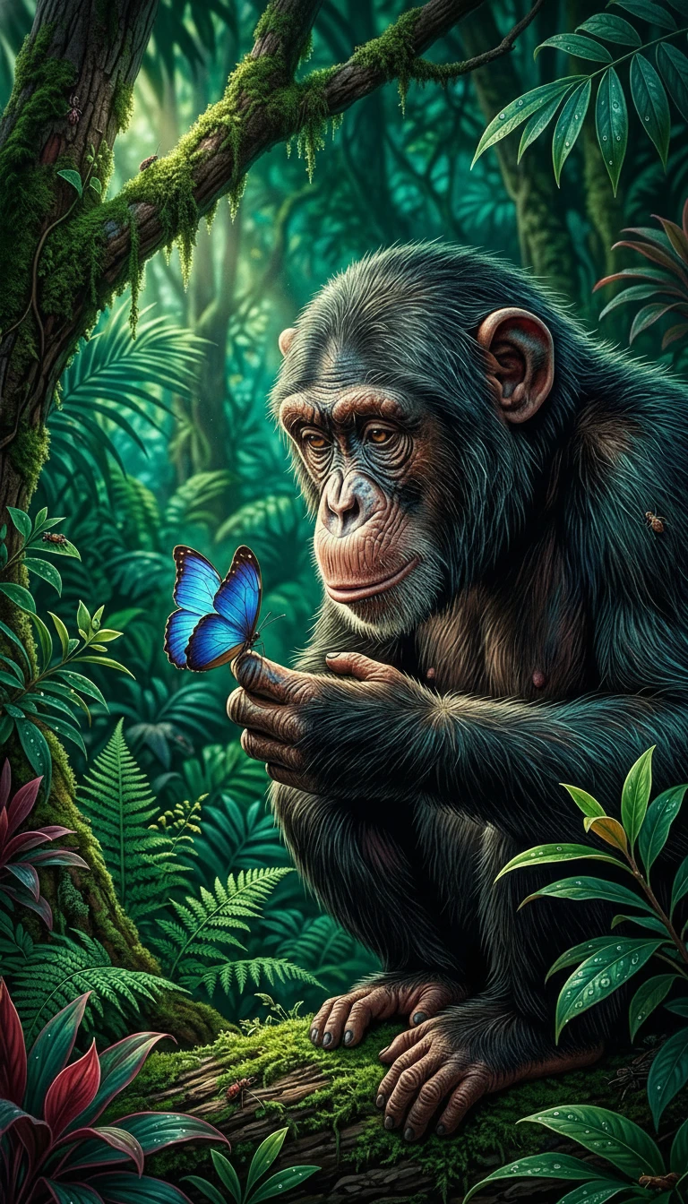 Illustrazione digitale cinematografica in primo piano di una scimmia luminosa